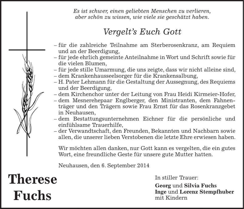 Traueranzeige Therese Fuchs