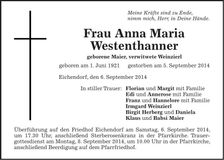 Traueranzeige Anna Maria Westenthanner