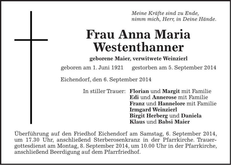 Traueranzeige Anna Maria Westenthanner