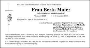 Traueranzeige Berta Maier