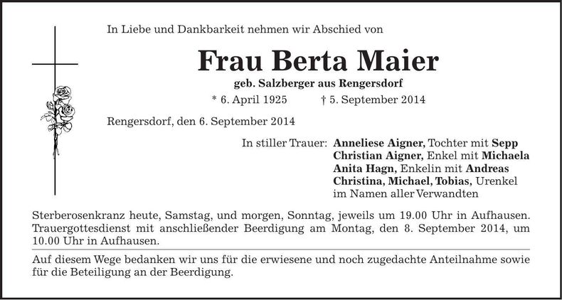 Traueranzeige Berta Maier