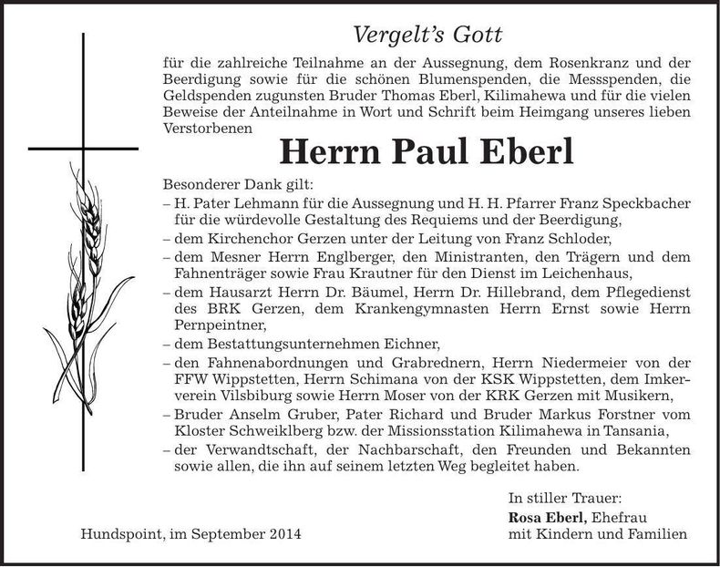Traueranzeige Paul Eberl