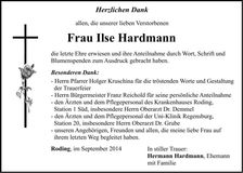 Traueranzeige Ilse Hardmann