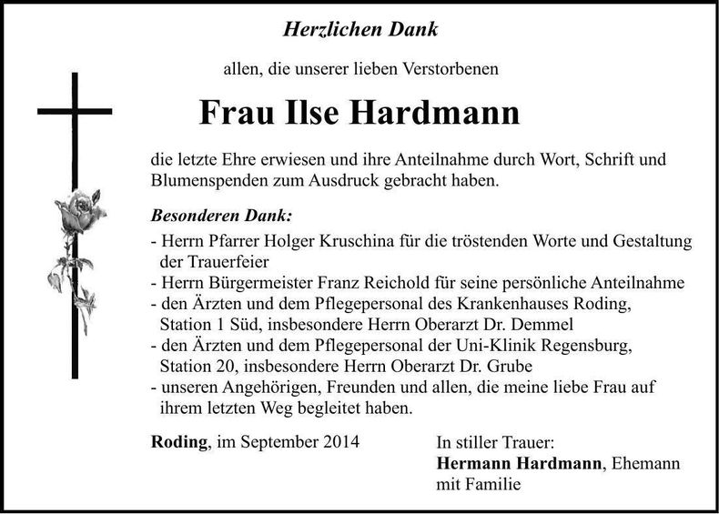 Traueranzeige Ilse Hardmann