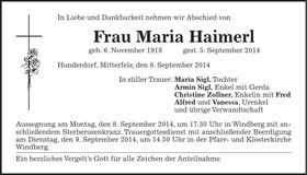 Traueranzeige Maria Haimerl