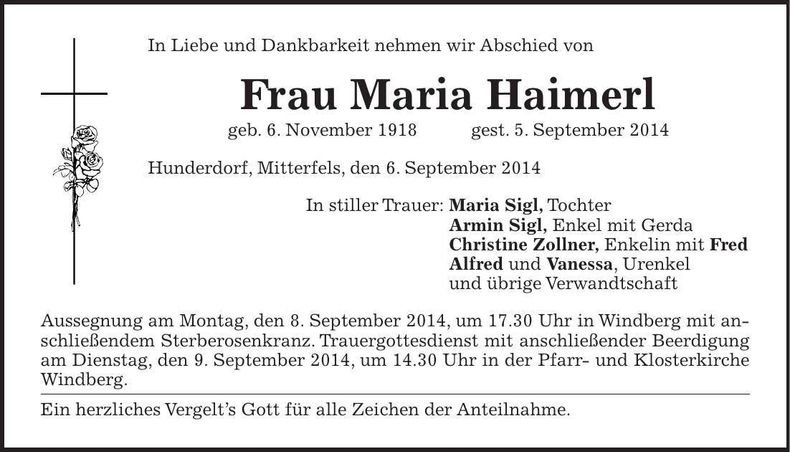 Traueranzeige Maria Haimerl