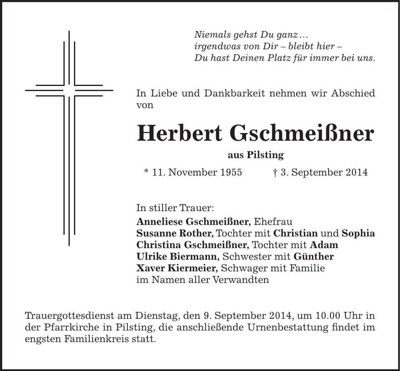 Traueranzeige Herbert Gschmeißner