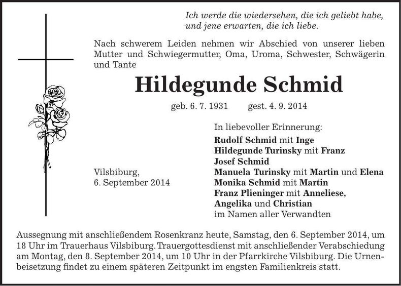 Traueranzeige Hildegunde Schmid