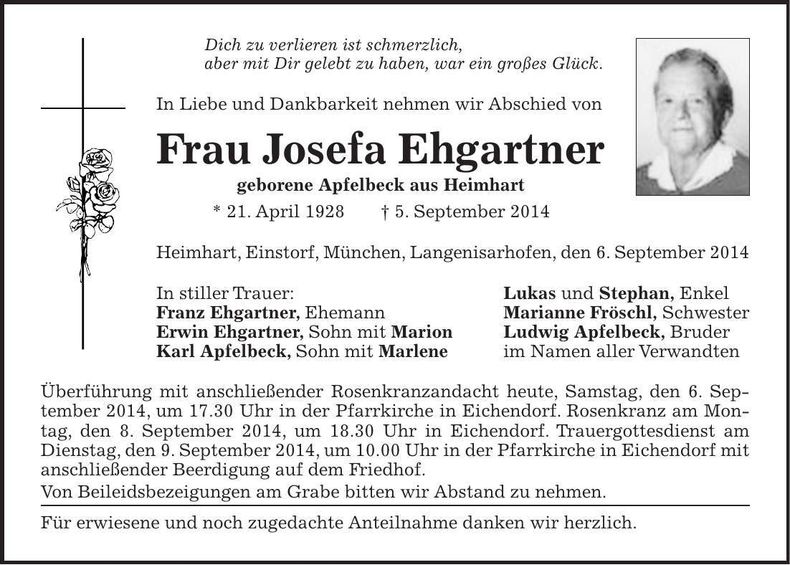 Traueranzeige Josefa Ehgartner