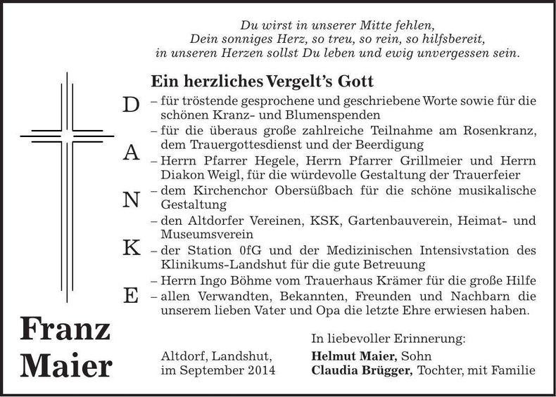 Traueranzeige Franz Maier