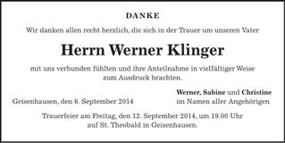 Traueranzeige Werner Klinger