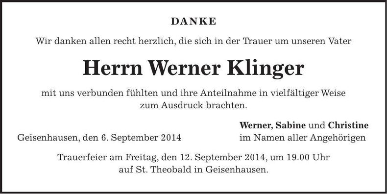 Traueranzeige Werner Klinger