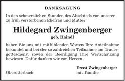 Traueranzeige Hildegard Zwingenberger