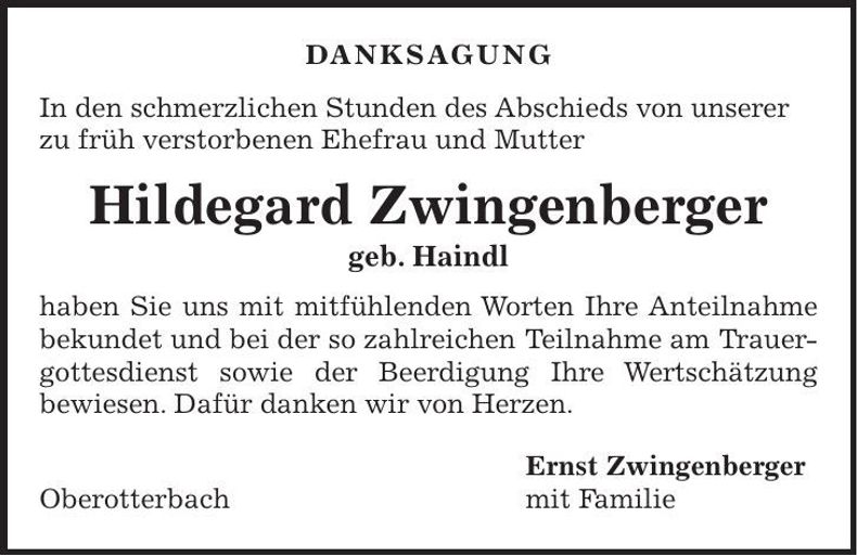 Traueranzeige Hildegard Zwingenberger