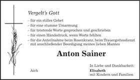 Traueranzeige Anton Sainer