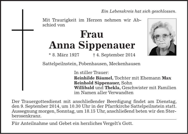 Traueranzeige Anna Sippenauer