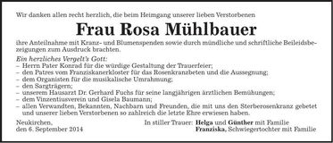 Traueranzeige Rosa Mühlbauer