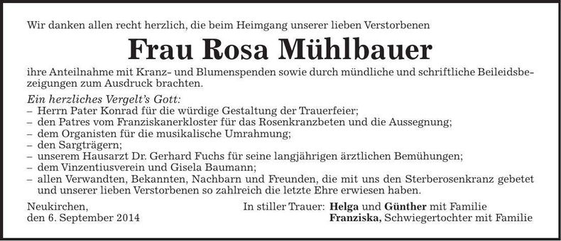 Traueranzeige Rosa Mühlbauer