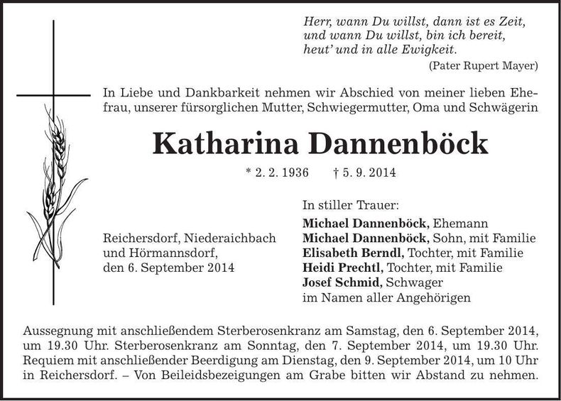Traueranzeige Katharina Dannnenböck