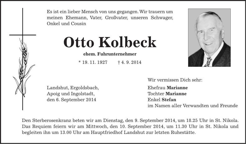 Traueranzeige Otto Kolbeck