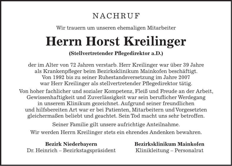 Traueranzeige Horst Kreilinger