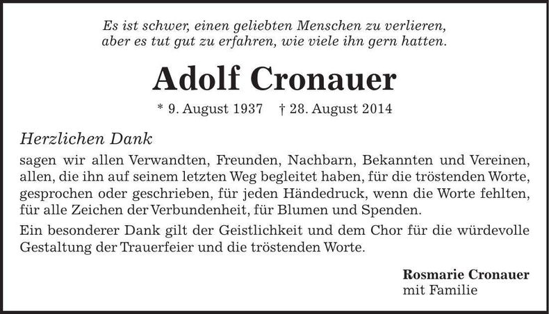 Traueranzeige Adolf Cronauer