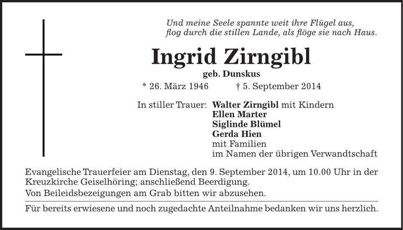 Traueranzeige Ingrid Zirngibl