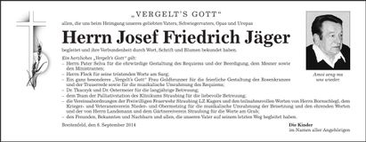 Traueranzeige Josef Friedrich Jäger