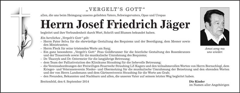 Traueranzeige Josef Friedrich Jäger