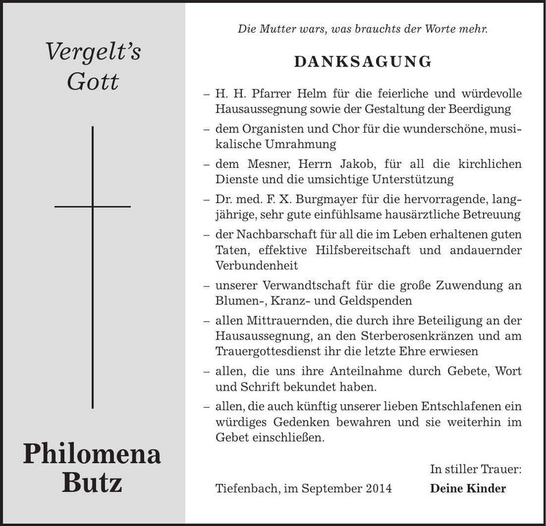 Traueranzeige Philomena Butz
