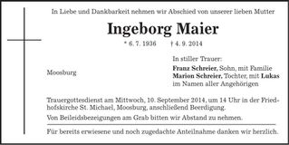 Traueranzeige Maier Ingeborg