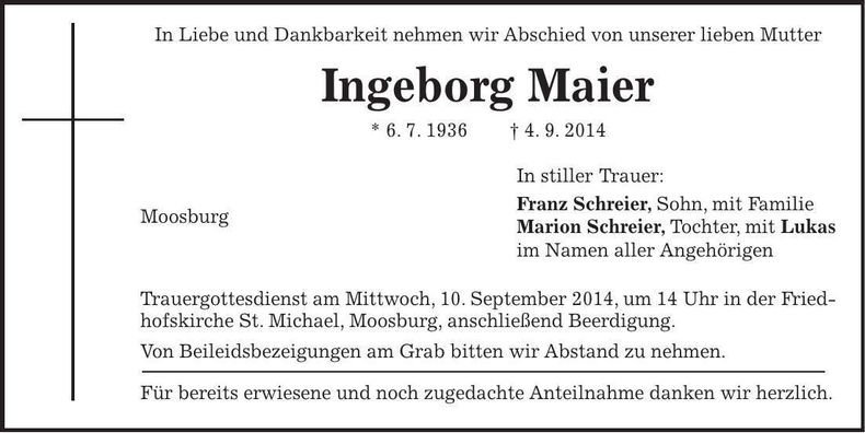 Traueranzeige Maier Ingeborg