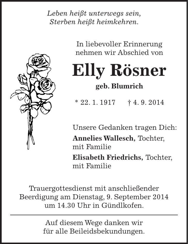 Traueranzeige Elly Rösner