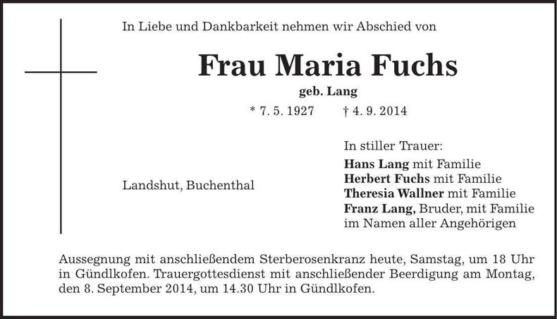 Traueranzeige Maria Fuchs