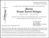 Traueranzeige Franz Xaver Steiger