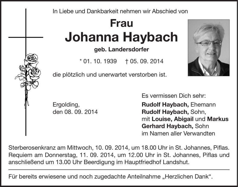 Traueranzeige Johanna Haybach