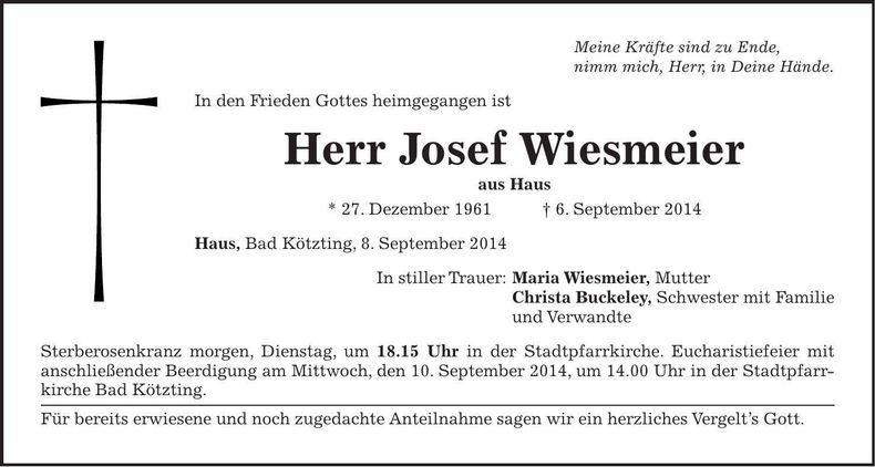 Traueranzeige Josef Wiesmeier