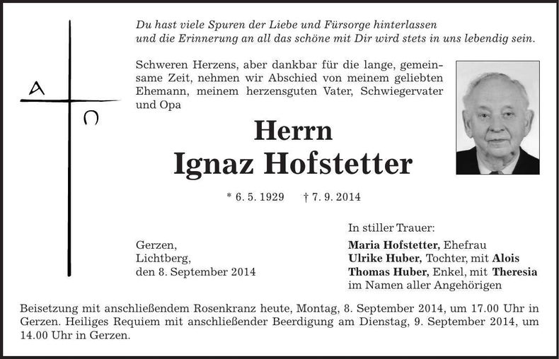 Traueranzeige Ignaz Hofstetter