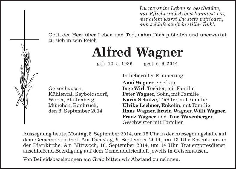 Traueranzeige Alfred Wagner