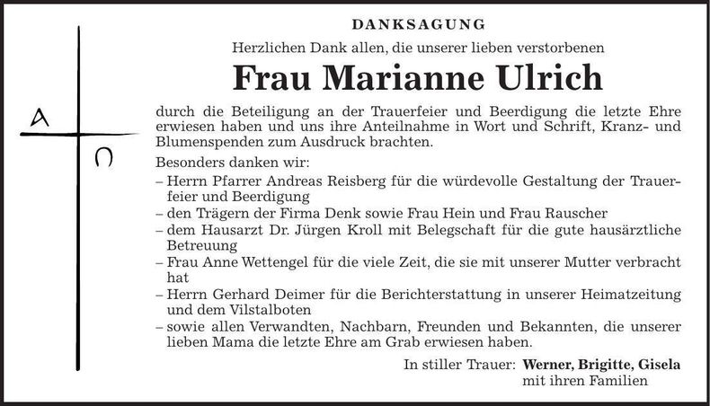 Traueranzeige Marianne Ulrich