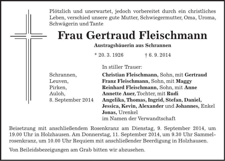 Traueranzeige Gertraud Fleischmann