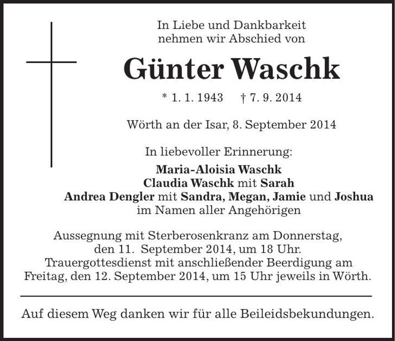 Traueranzeige Günter Waschk