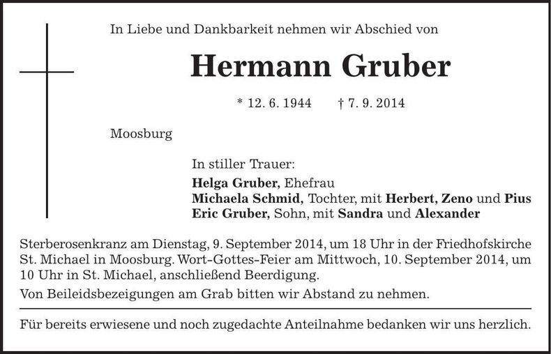 Traueranzeige Hermann Gruber