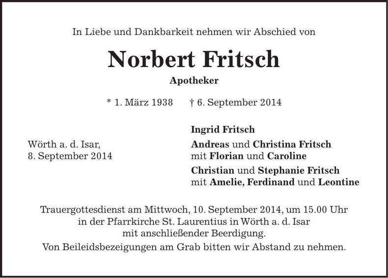 Traueranzeige Norbert Fritsch