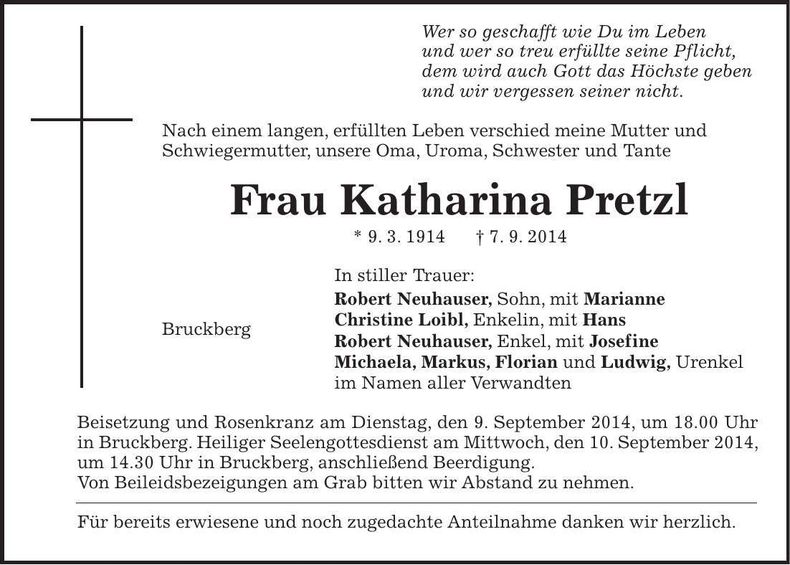 Traueranzeige Katharina Pretzl