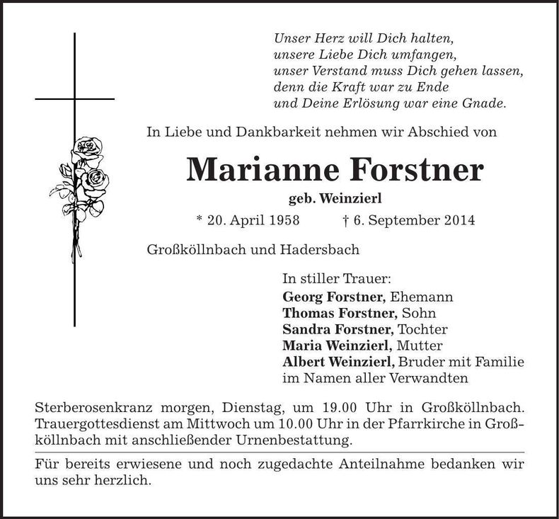 Traueranzeige Marianne Forstner