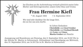 Traueranzeige Hermine Kiefl