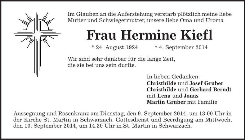 Traueranzeige Hermine Kiefl