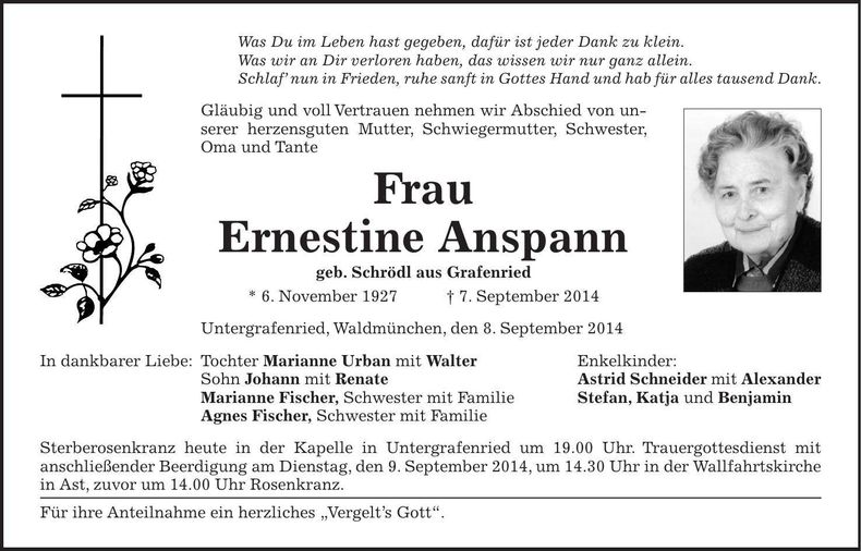 Traueranzeige Ernestine Anspann