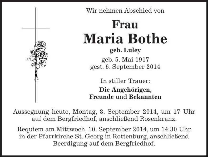 Traueranzeige Maria Bothe